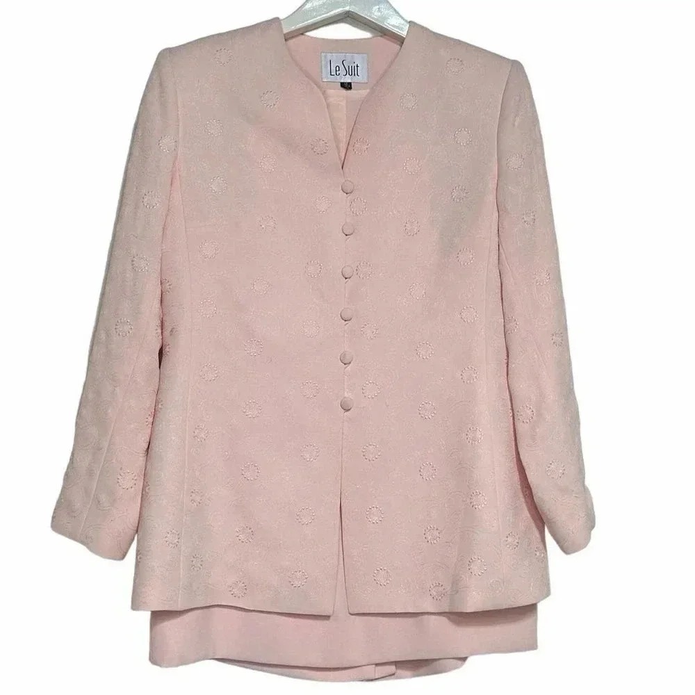 Le Suit Skirt Suit Size‎ 12 Pink Floral Jacquard Button Front Blazer Set